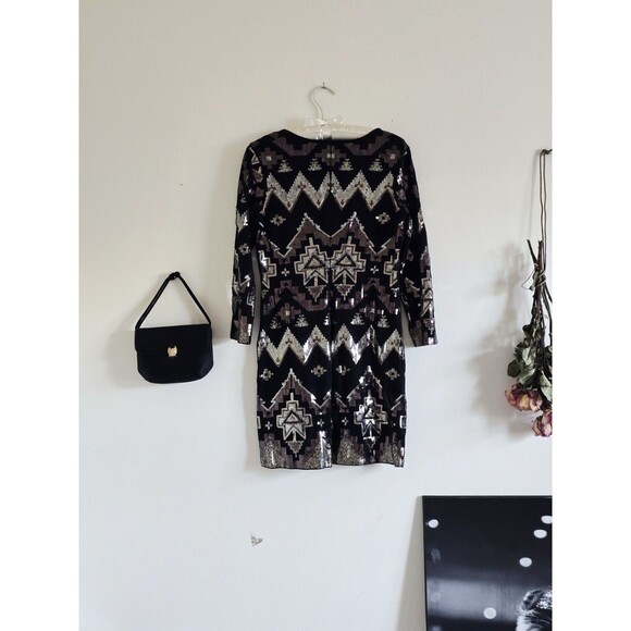 Express Mini Dress Woman's M Black Sequin Aztec Long Sleeve Formal Date Night - Picture 4 of 10
